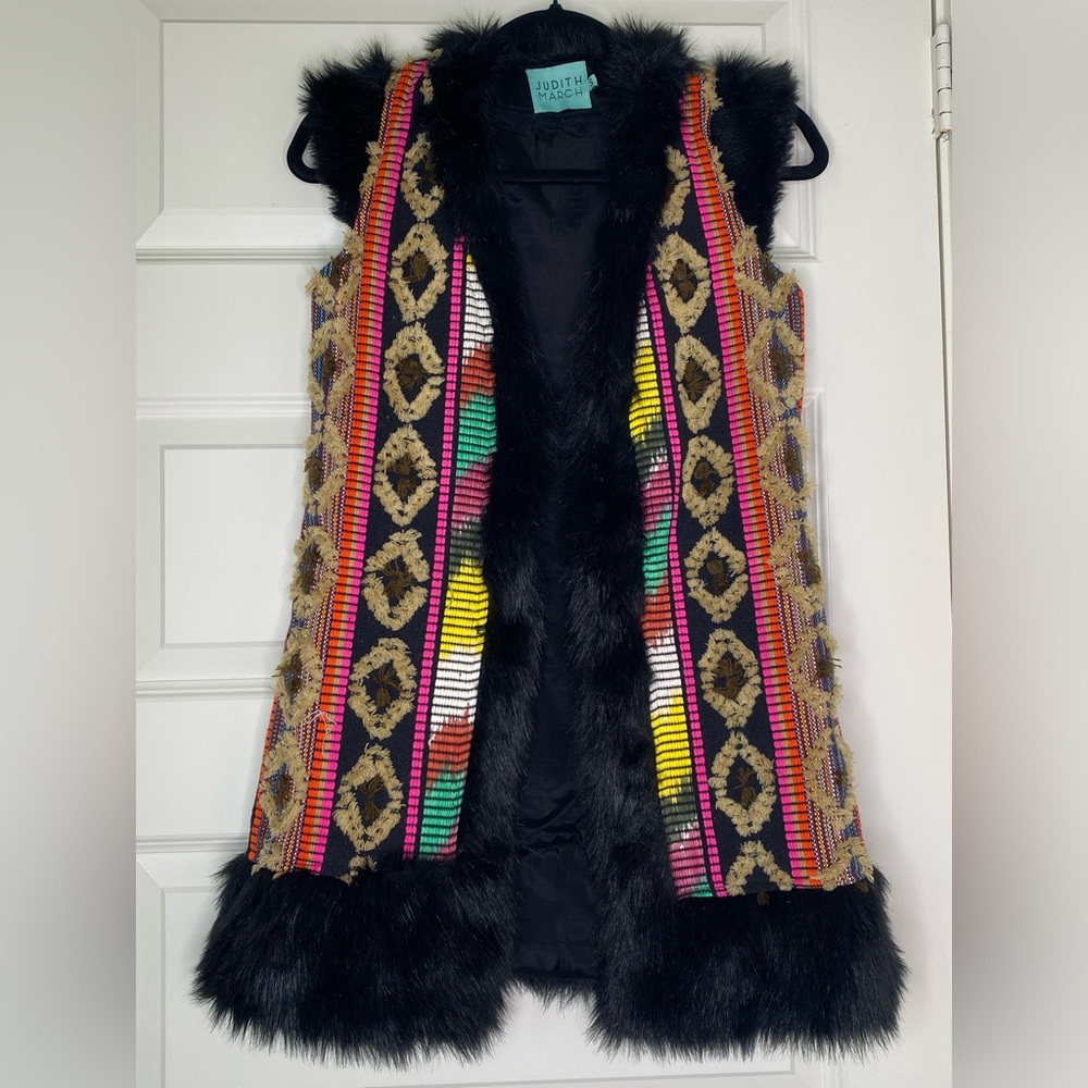 Judith March Black Faux Fur Trim Multicolor Beaded Vest